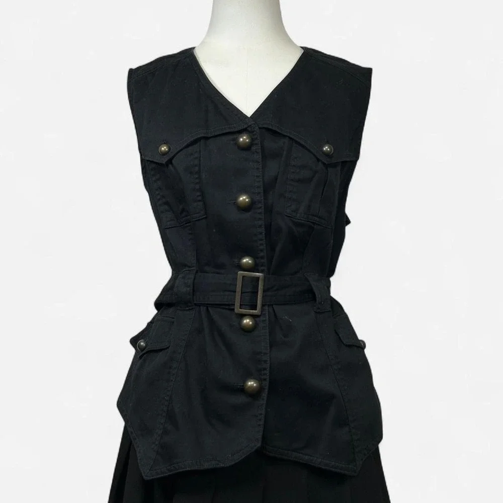 CATO Black Button Up Military Vest Belted Womens 14/16W Alt Grunge